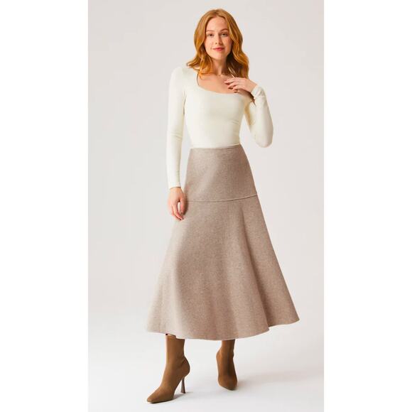 OGL Soft Flared Midi Skirt Heather Oatmeal L - Picture 3 of 10